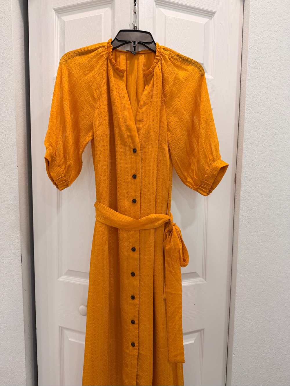 Ann Taylor Golden Mustard Button-Front Maxi Dress with Waist Tie